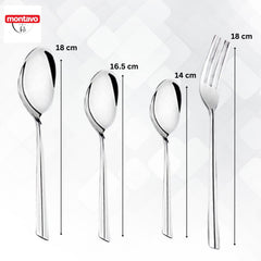 Four stainless steel utensils with labeled dimensions: dinner spoon, teaspoon, baby spoon, and dinner fork.