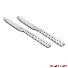 Pair of premium stainless steel dinner knives with square handles and smooth blades labeled as dinner knife.