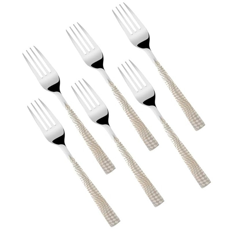 Six forks arranged diagonally displaying polished heads and textured handlesRetry