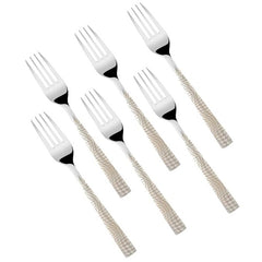 Six forks arranged diagonally displaying polished heads and textured handlesRetry