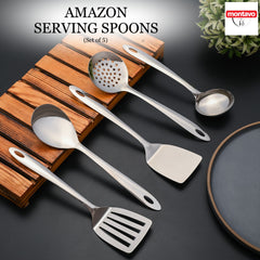 Montavo stainless steel serving spoons set of 5 with white handles displayed on wooden holder.