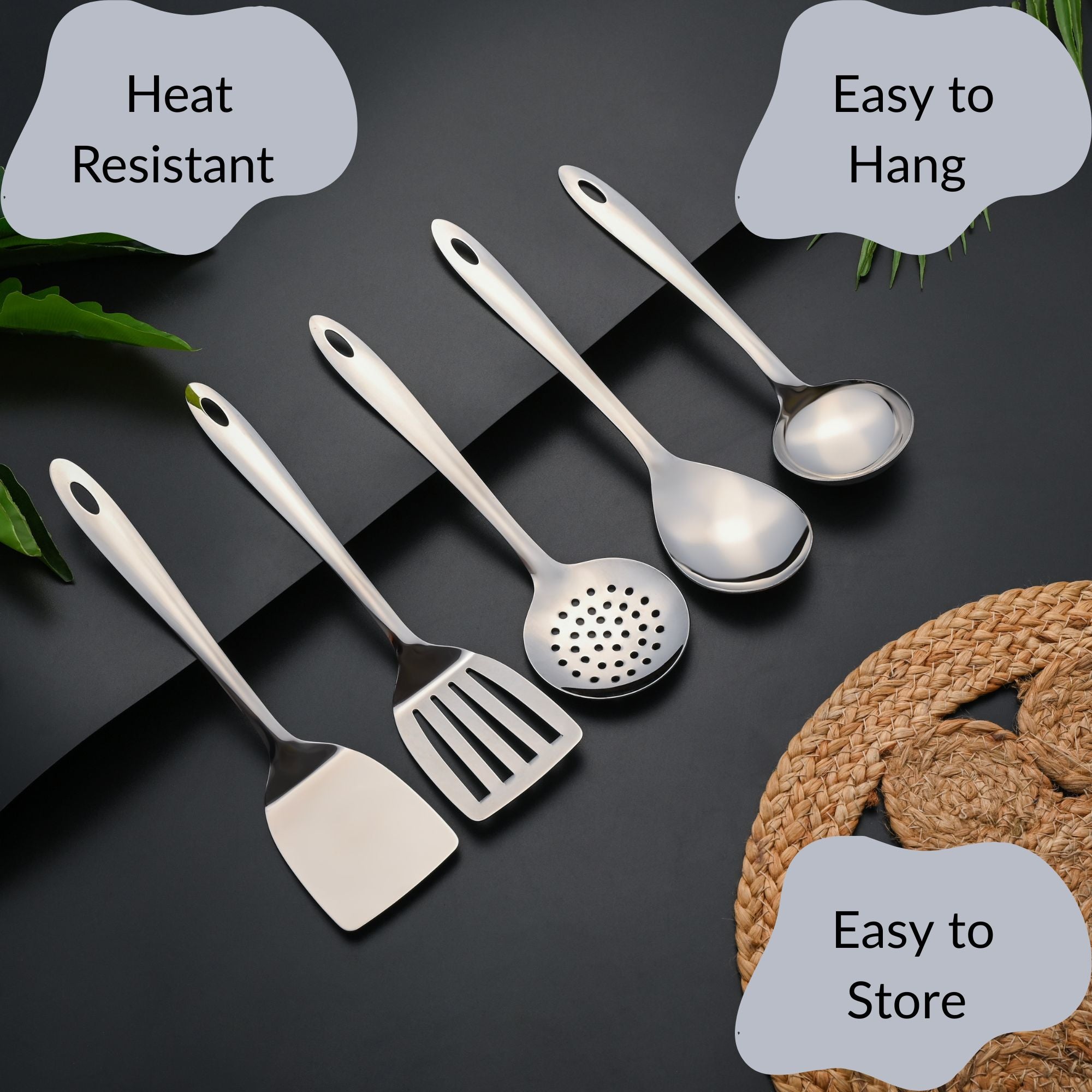 Montavo kitchen serving tools set including turner, skimmer, and gravy ladle with heat-resistant handles.
