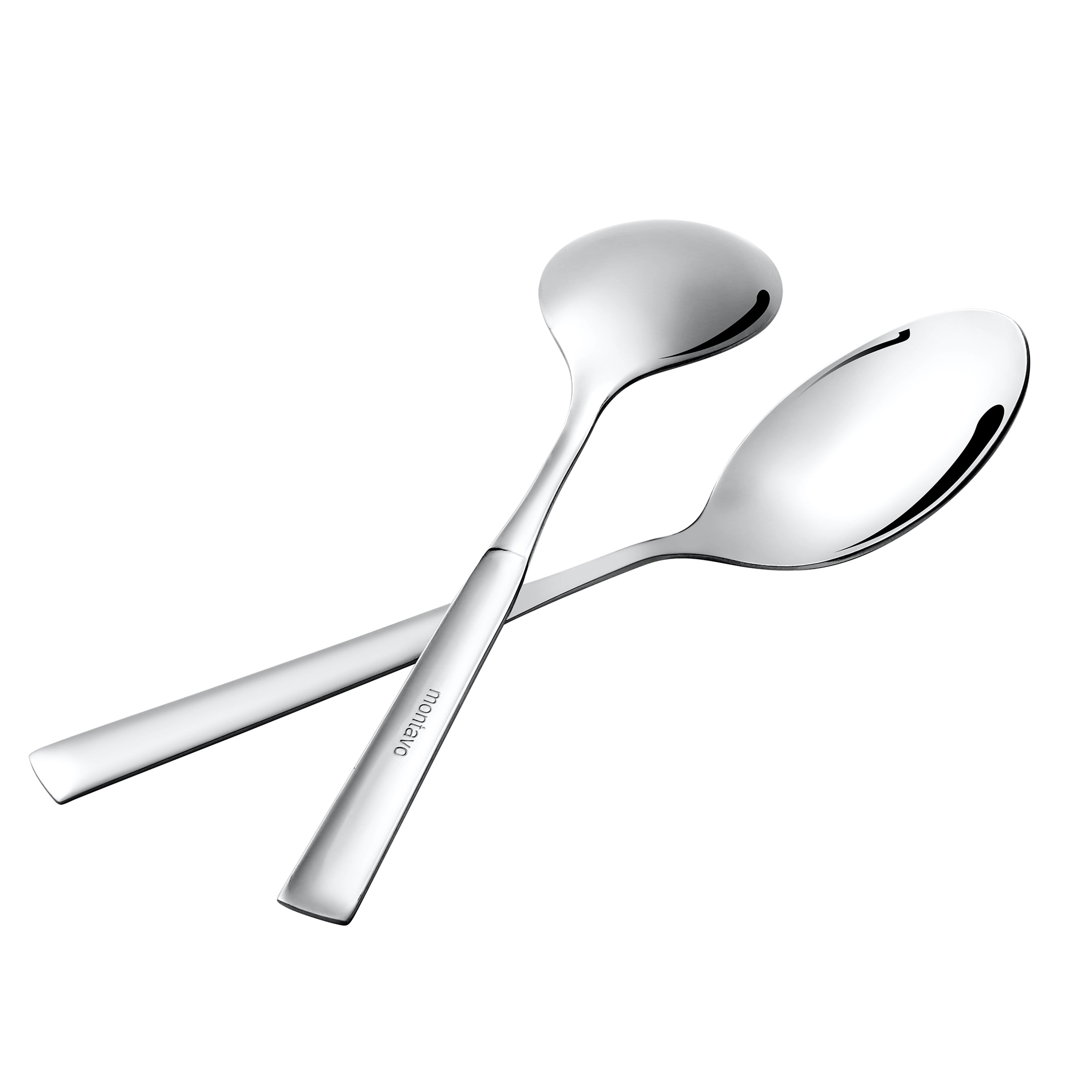 Close-up of Montavo Lisbon baby spoons showcasing smooth curves, mirror finish stainless steel, and flat handle design for comfortable infant feeding.