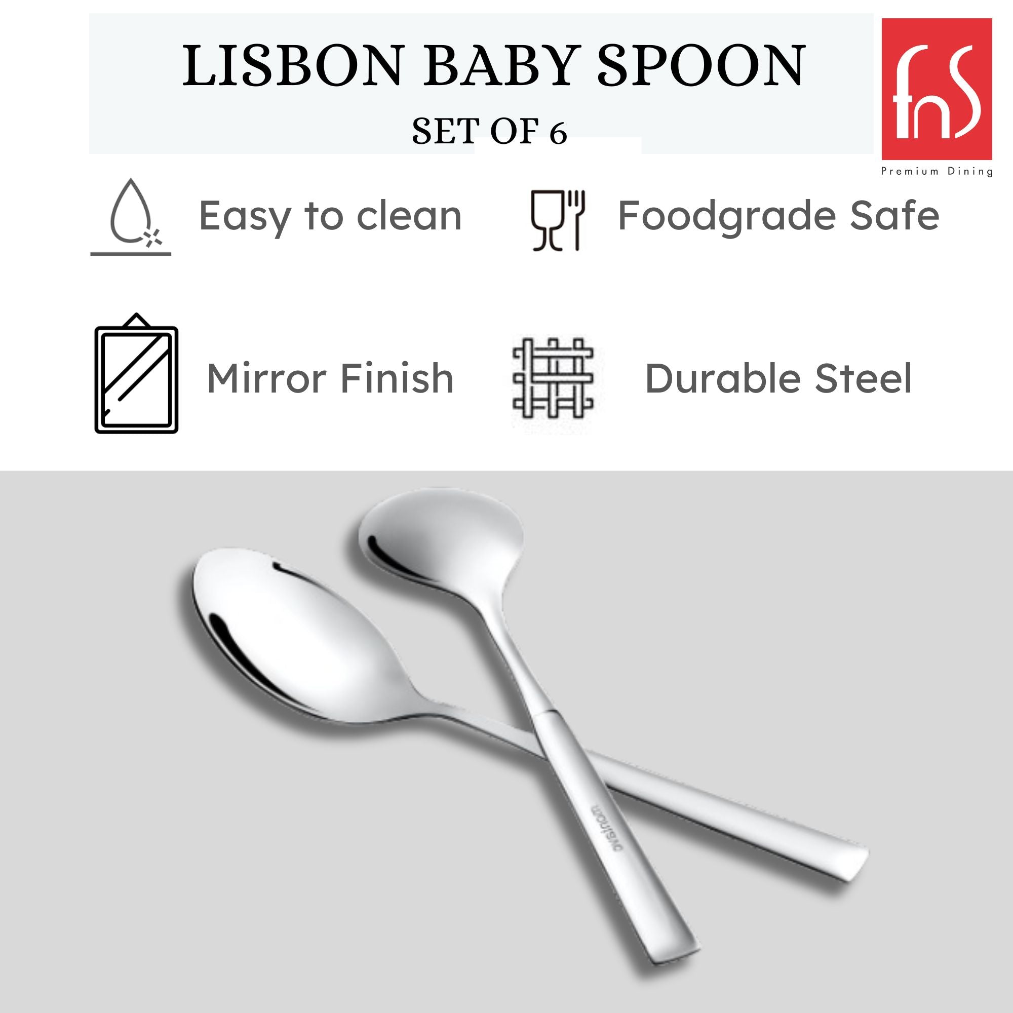 Montavo Lisbon baby spoon features infographic highlighting easy to clean, food grade safe, mirror finish, and durable steel construction for infant feeding.