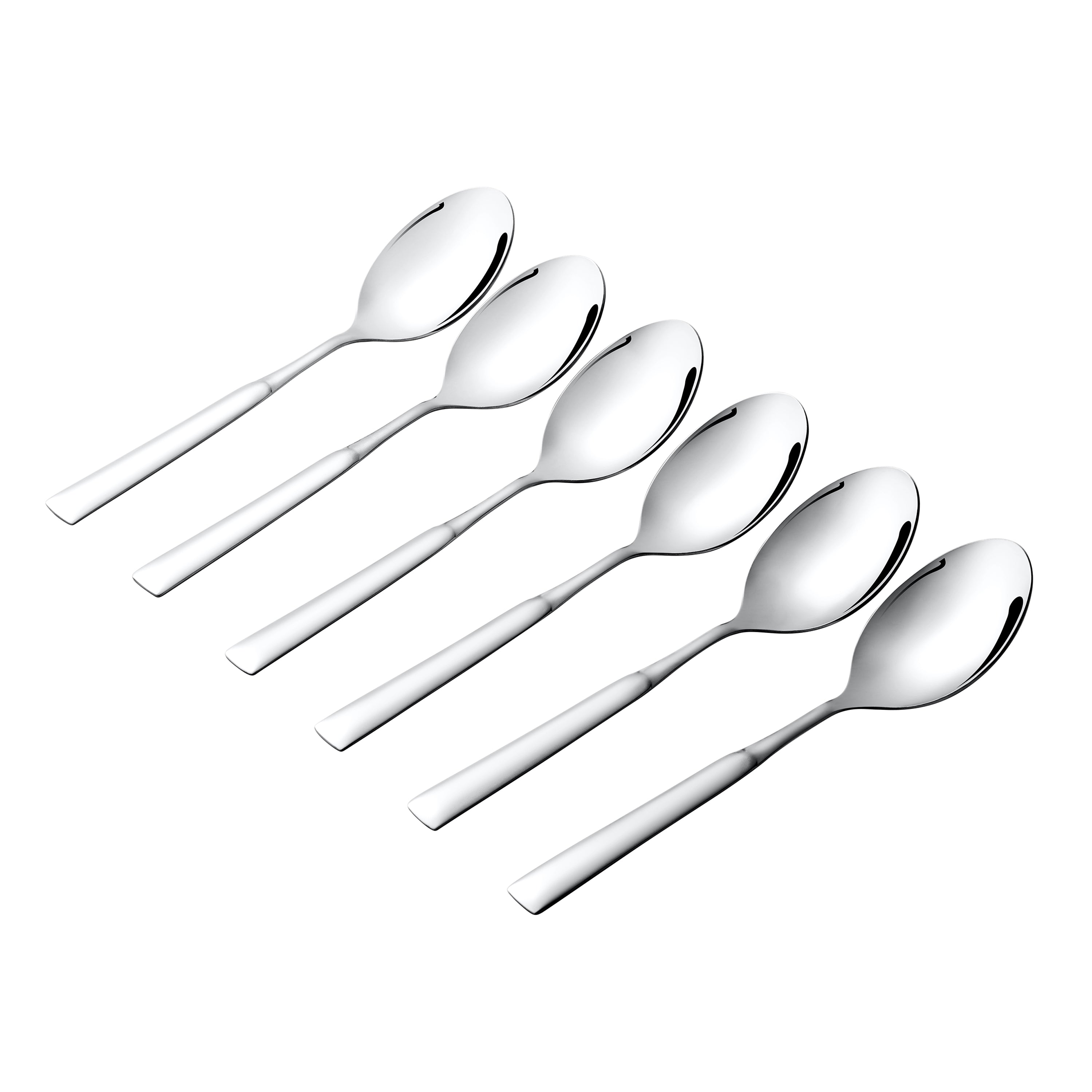 Six-piece Montavo Lisbon stainless steel baby spoon set arranged in row, mirror finish cutlery with ergonomic flat handles for easy grip.