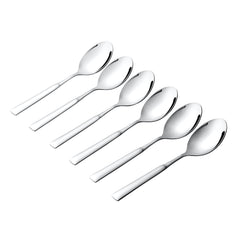Six-piece Montavo Lisbon stainless steel baby spoon set arranged in row, mirror finish cutlery with ergonomic flat handles for easy grip.