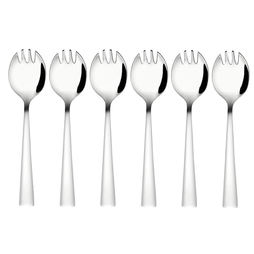 Six piece Montavo Milan stainless steel spork set with sleek tapered handles and mirror finish arranged in row on white background