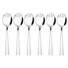 Six piece Montavo Milan stainless steel spork set with sleek tapered handles and mirror finish arranged in row on white background