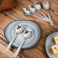 Montavo Milan stainless steel spork set of 6 pieces with mirror finish displayed on rustic wooden table with ceramic plates and dessert