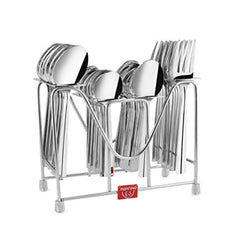 Full 24-piece cutlery set in chrome-finished rack, displayed cleanly against white background.