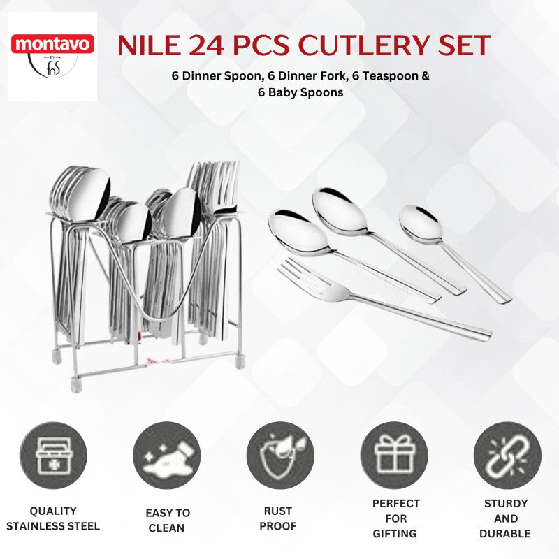Promotional image showing full 24-piece stainless steel cutlery set with features and labeled utensil types.