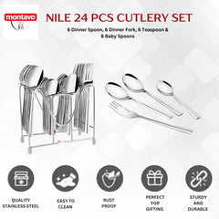 Promotional image showing full 24-piece stainless steel cutlery set with features and labeled utensil types.