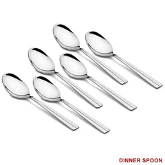 Six high-polish stainless steel dinner spoons in uniform alignment, labeled clearly as Dinner Spoon.