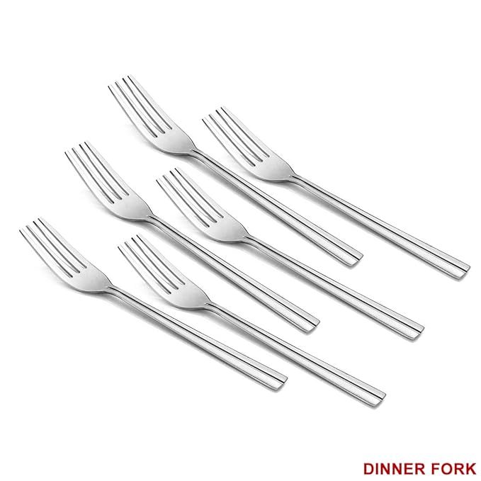 Set of six polished stainless steel dinner forks neatly arranged on white background, labeled “Dinner Fork.