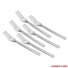 Set of six polished stainless steel dinner forks neatly arranged on white background, labeled “Dinner Fork.