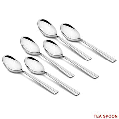 Neatly aligned stainless steel tea spoons in a set of six, labeled “Tea Spoon” in red text.