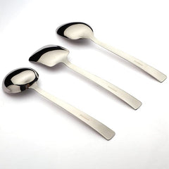 Montavo Pacific serving spoons 3-piece set displaying mirror finish stainless steel with smooth tapered handles and varied bowl shapes on white background