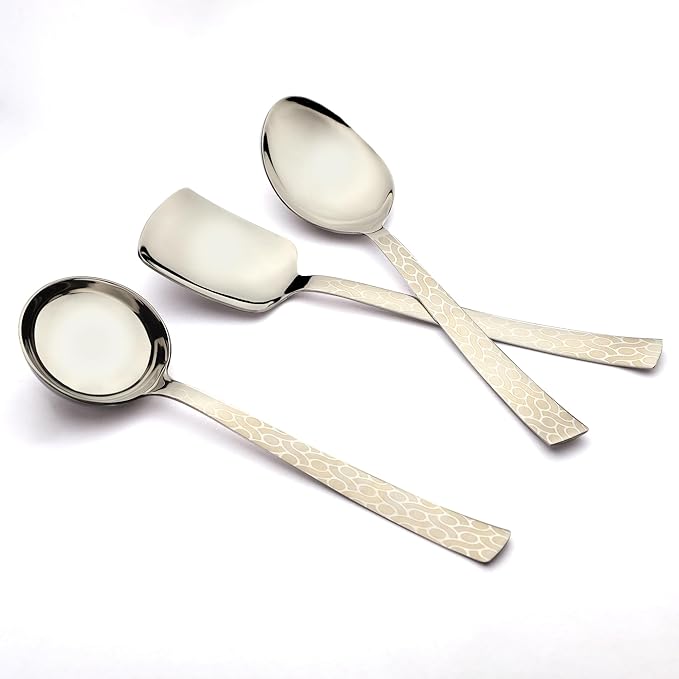 Montavo Pacific 3-piece stainless steel serving set showcasing ladle, turner, and spoon with decorative laser engraved crackle pattern on tapered handles