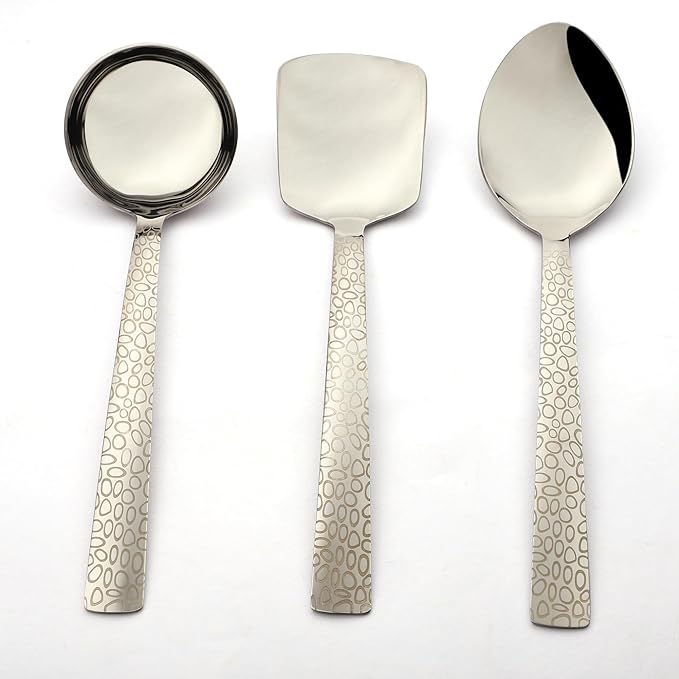 Montavo Pebble 3-piece stainless steel serving set including ladle, turner, and spoon with decorative laser engraved pebble texture