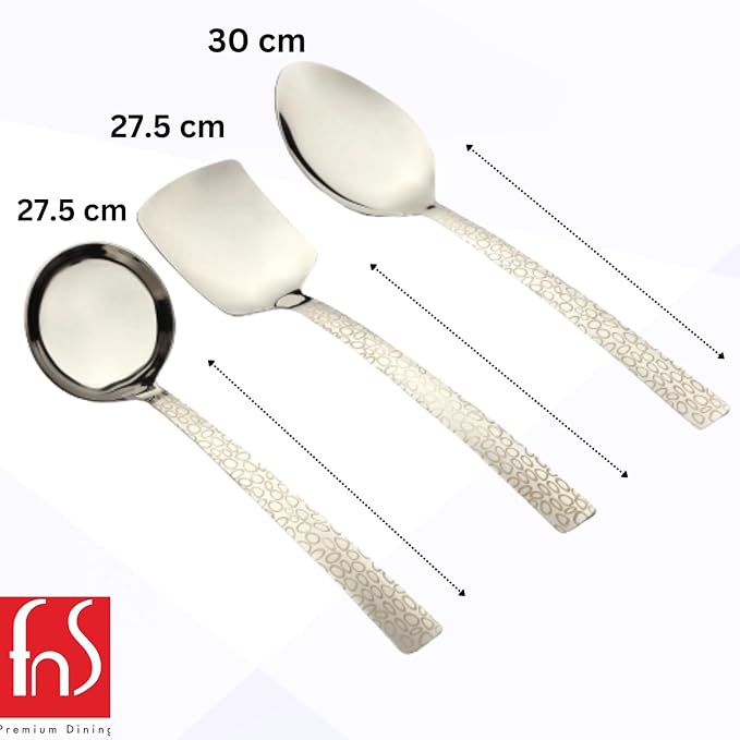Montavo Pebble serving set dimensions showing 27.5 cm ladle, 27.5 cm turner, and 30 cm serving spoon measurements