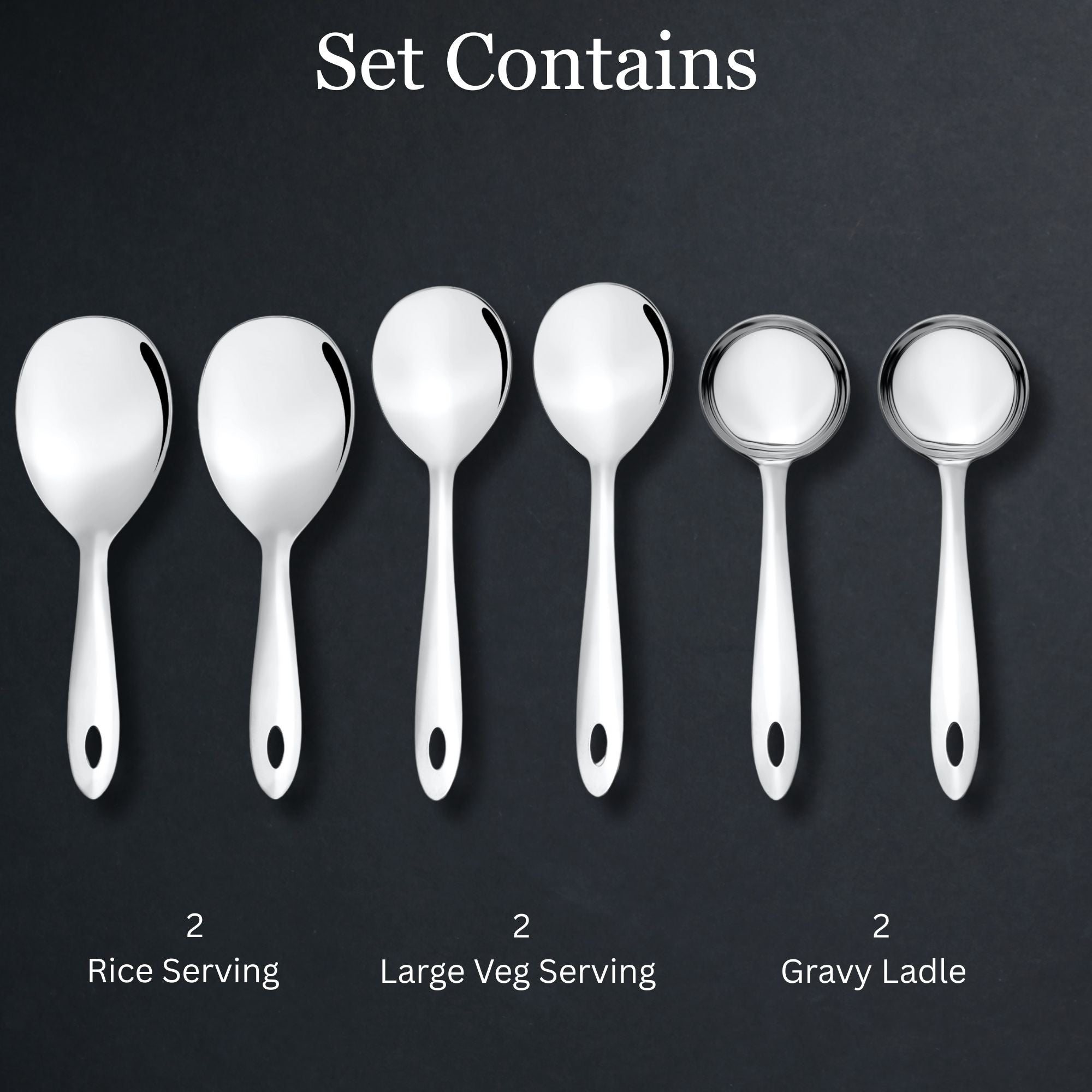 Montavo 6-piece serving set contents showing 2 rice servers, 2 veg serving spoons, and 2 gravy ladles