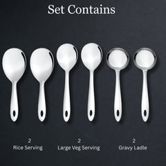 Montavo 6-piece serving set contents showing 2 rice servers, 2 veg serving spoons, and 2 gravy ladles