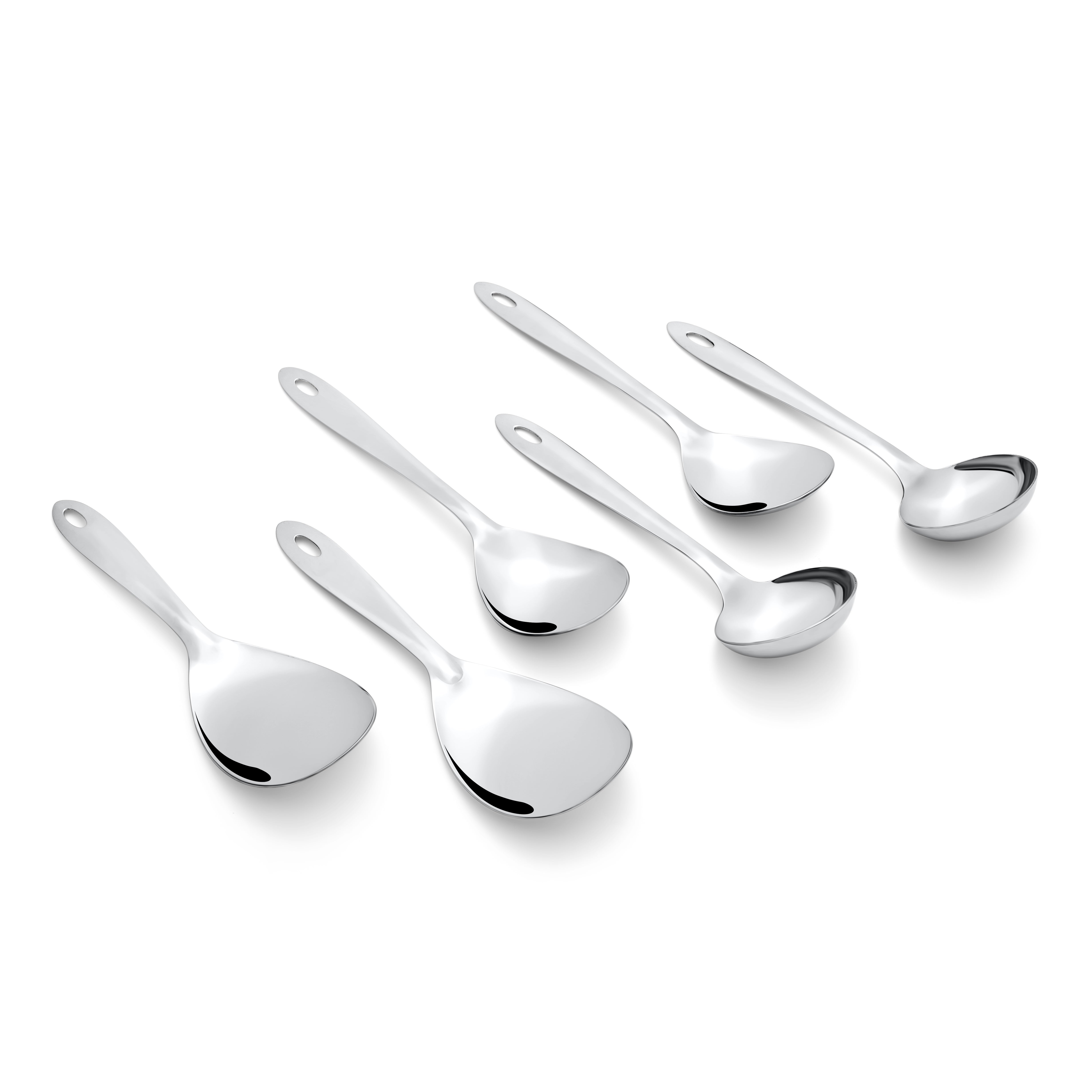 Six Montavo serving spoons arranged in descending size order on clean white background for product photography