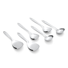 Six Montavo serving spoons arranged in descending size order on clean white background for product photography