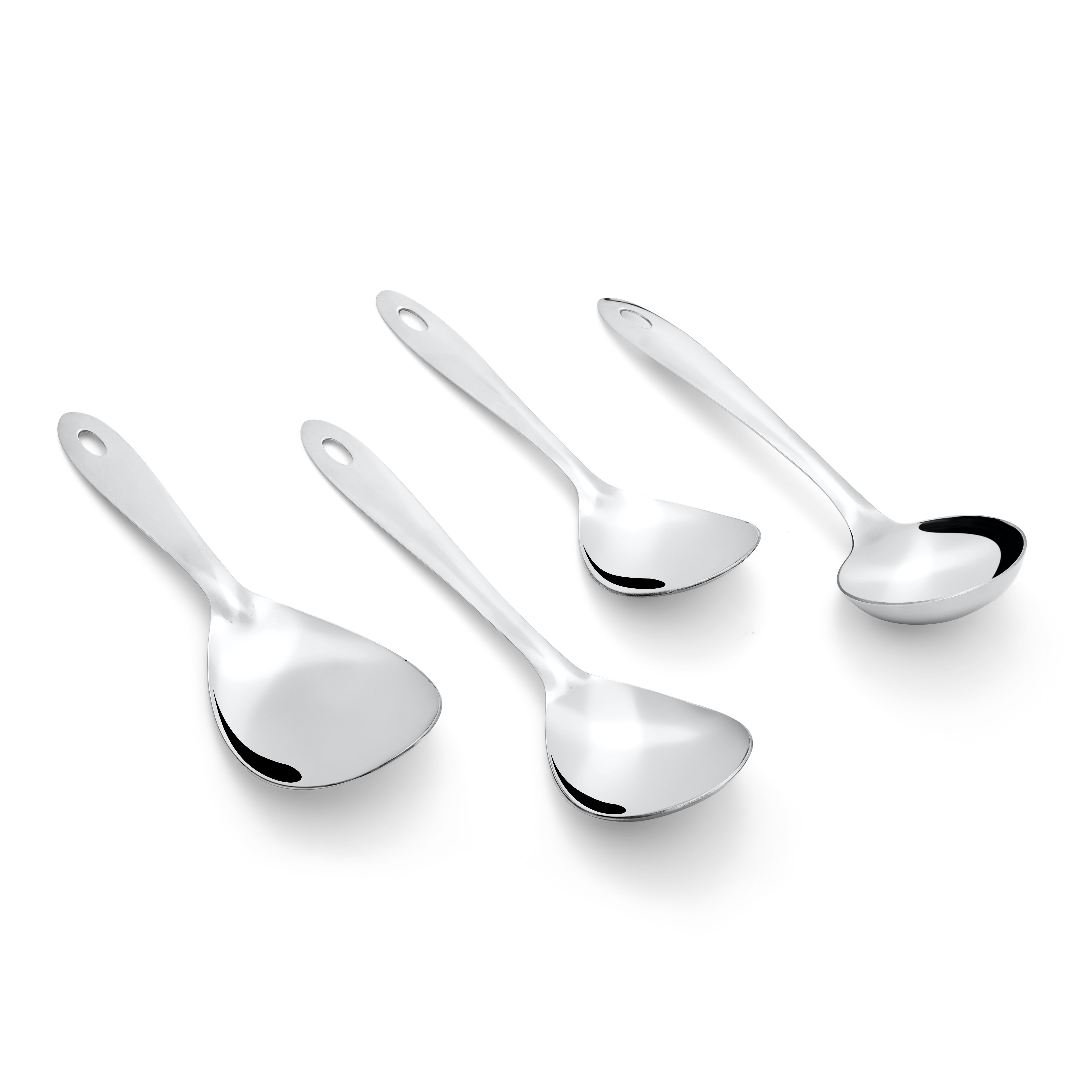 Four Montavo stainless steel serving spoons with curved ergonomic design displayed on clean white background for e-commerce.