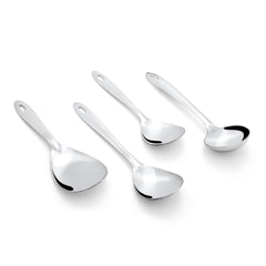 Four Montavo stainless steel serving spoons with curved ergonomic design displayed on clean white background for e-commerce.