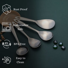 Infographic showcasing Montavo serving spoons features including rust-proof, dishwasher safe, BPA-free, and easy to clean benefits.