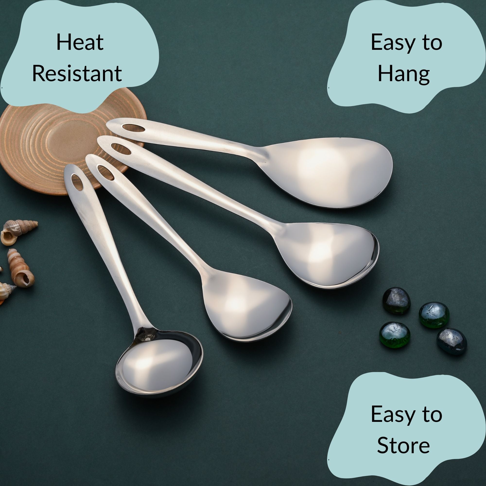 Montavo serving spoons highlighting key benefits of heat resistance, easy hanging capability, and convenient storage on wooden surface.