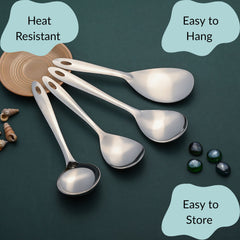 Montavo serving spoons highlighting key benefits of heat resistance, easy hanging capability, and convenient storage on wooden surface.