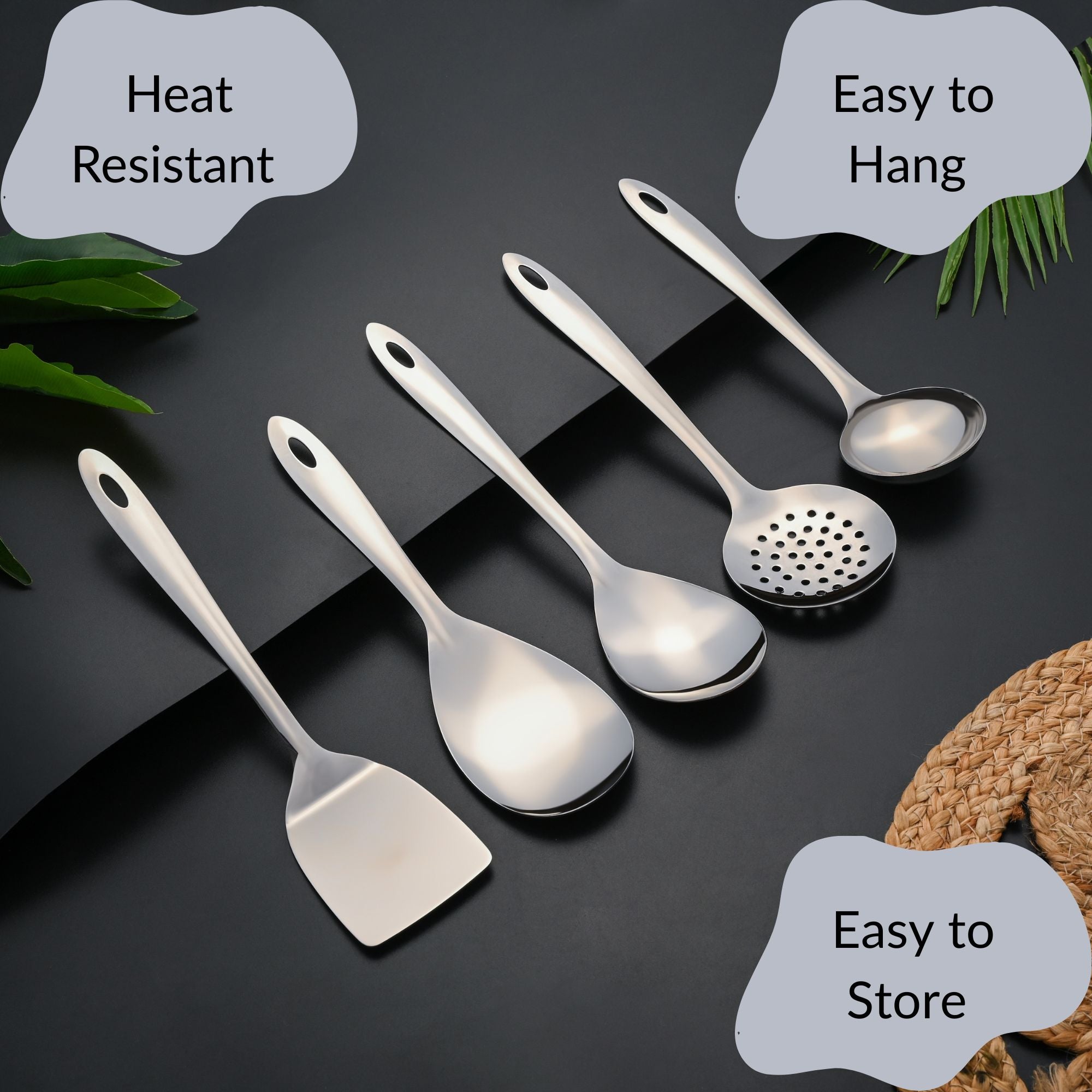 Montavo serving spoons highlighting heat resistant, easy to hang, and convenient storage characteristics