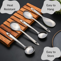 Montavo Trinity serving spoons highlighting heat-resistant design, convenient hanging holes for storage, and easy organization in modern kitchen spaces.