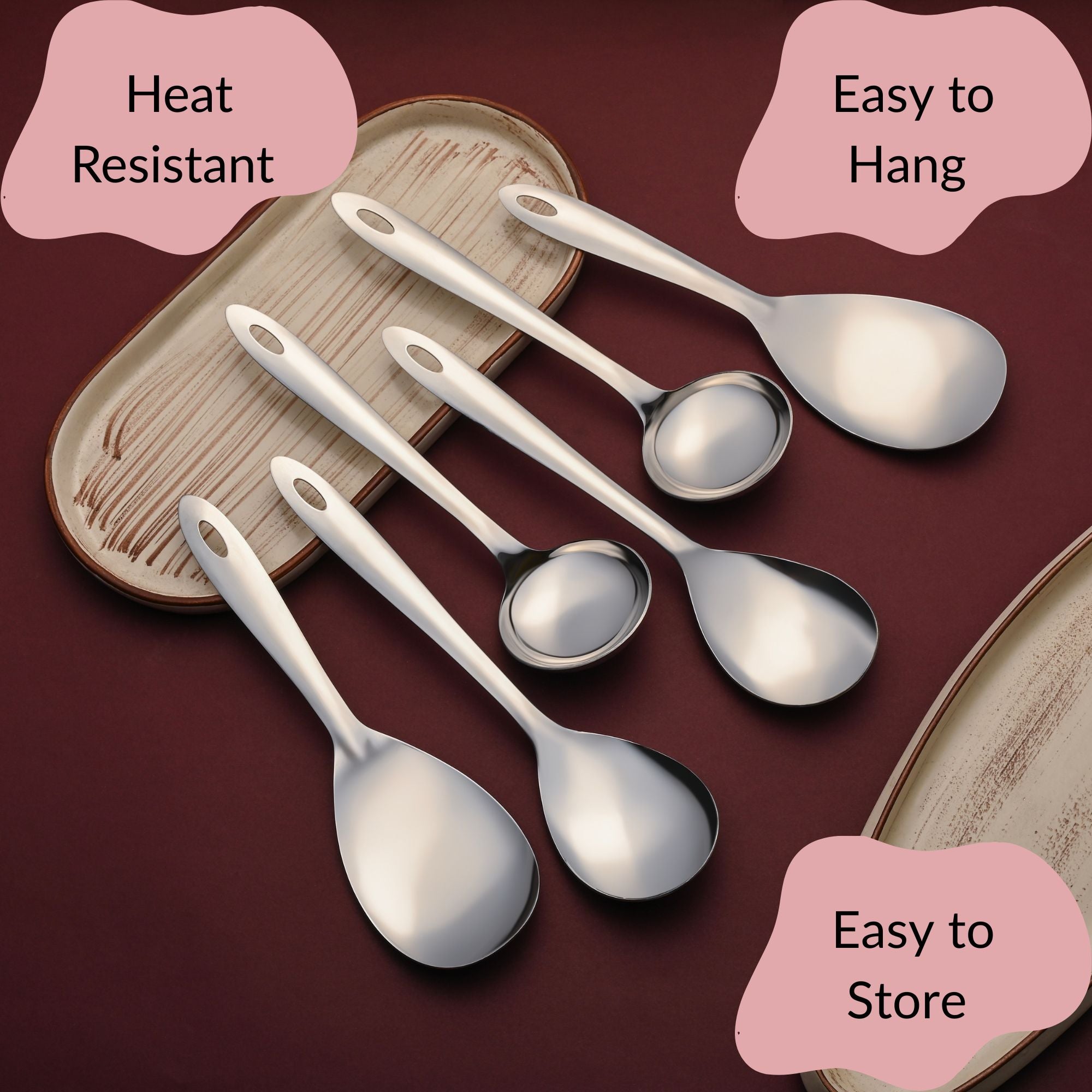 Montavo serving spoons highlighting heat resistant handles, easy to hang design, and convenient storage on wooden board