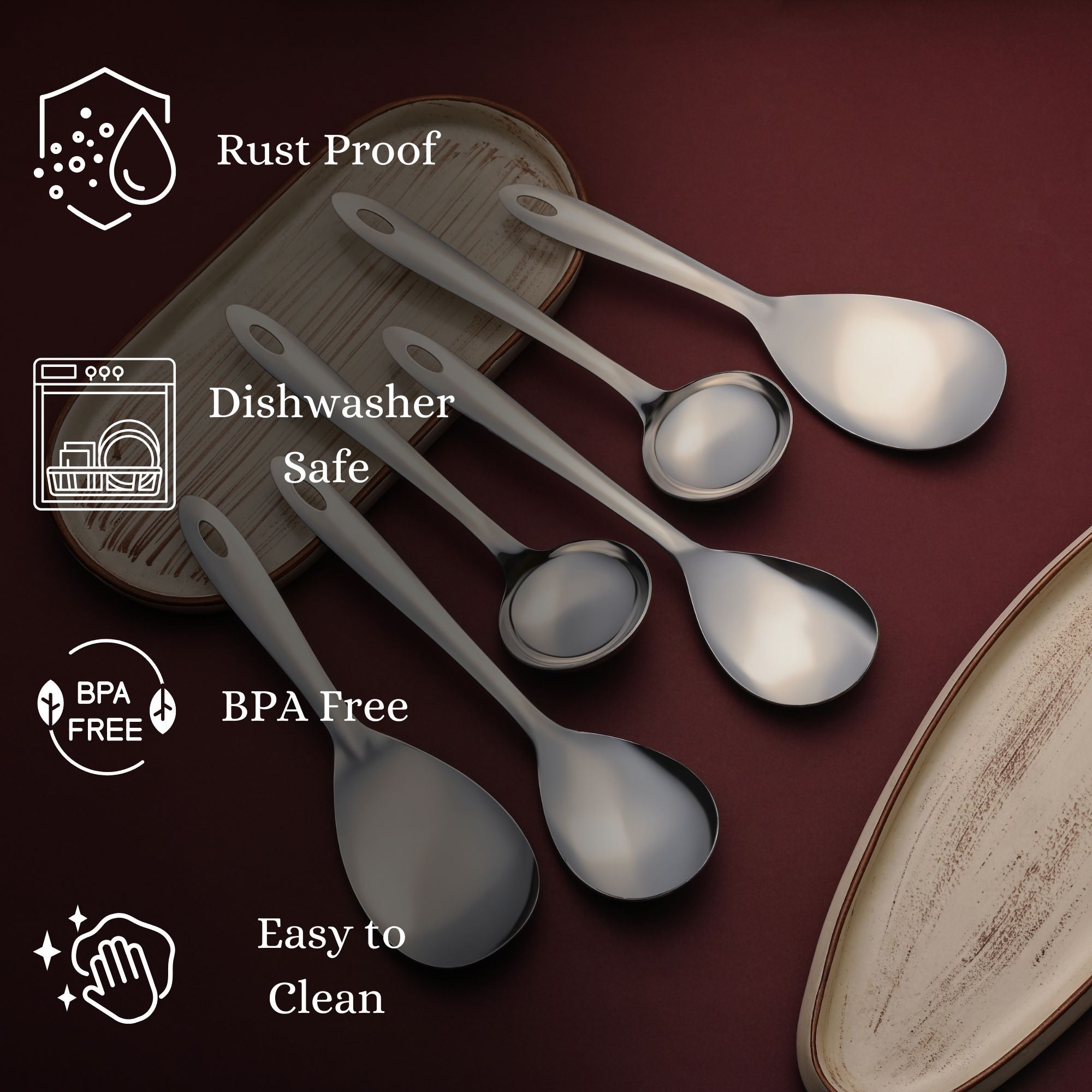 Infographic showcasing Montavo serving spoons features including rust proof, dishwasher safe, BPA free, and easy to clean properties