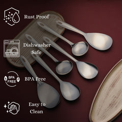 Infographic showcasing Montavo serving spoons features including rust proof, dishwasher safe, BPA free, and easy to clean properties