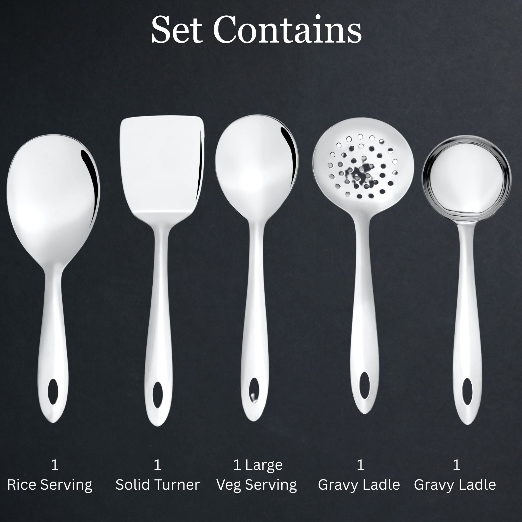 Montavo serving spoons set contents showing rice server, solid turner, vegetable server, and gravy ladles