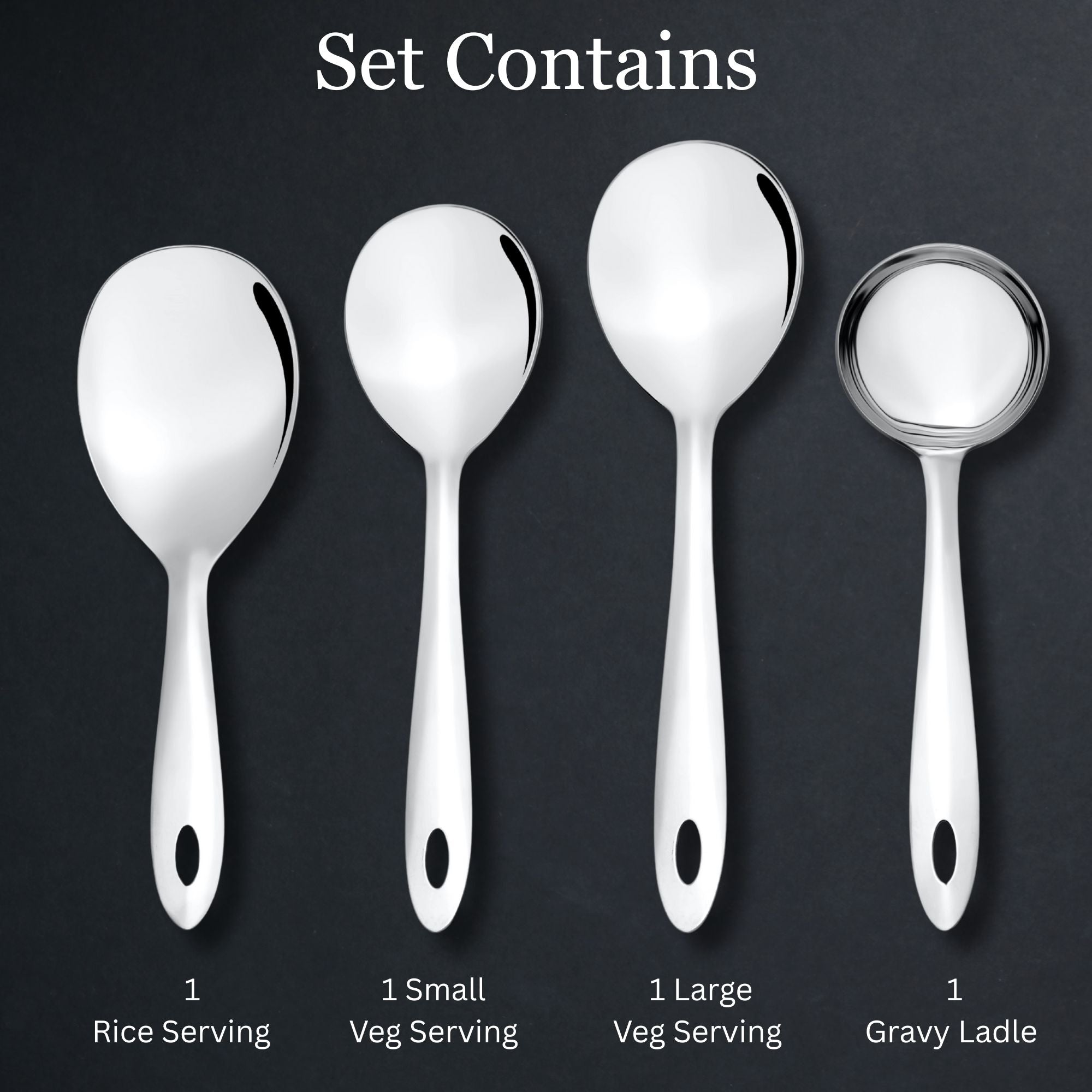 Montavo four-piece set contents displaying rice serving spoon, small vegetable spoon, large vegetable spoon, and gravy ladle.