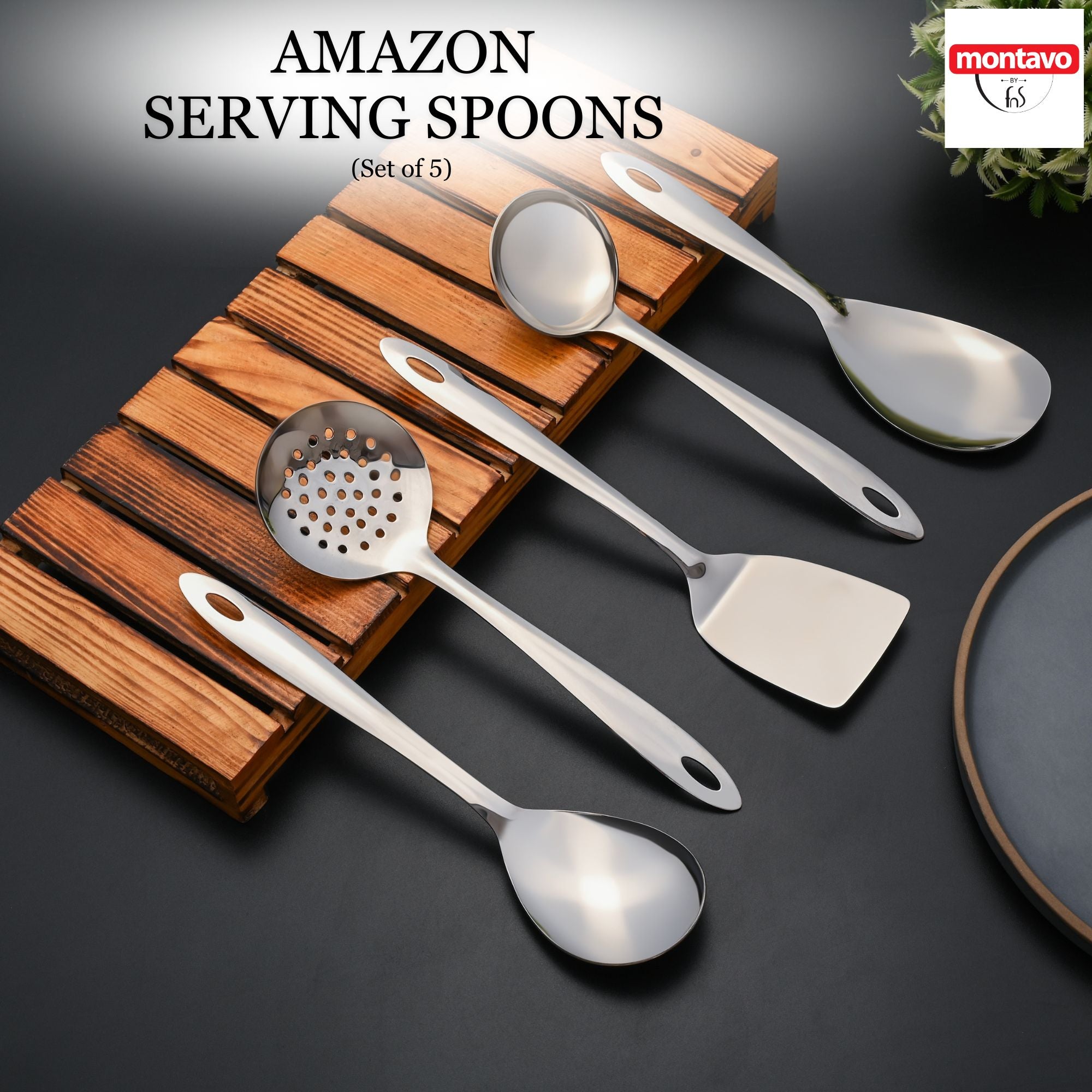 Montavo stainless steel serving spoons set of 5 displayed on wooden stand with elegant presentation