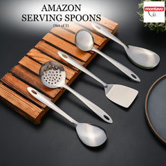 Montavo stainless steel serving spoons set of 5 displayed on wooden stand with elegant presentation