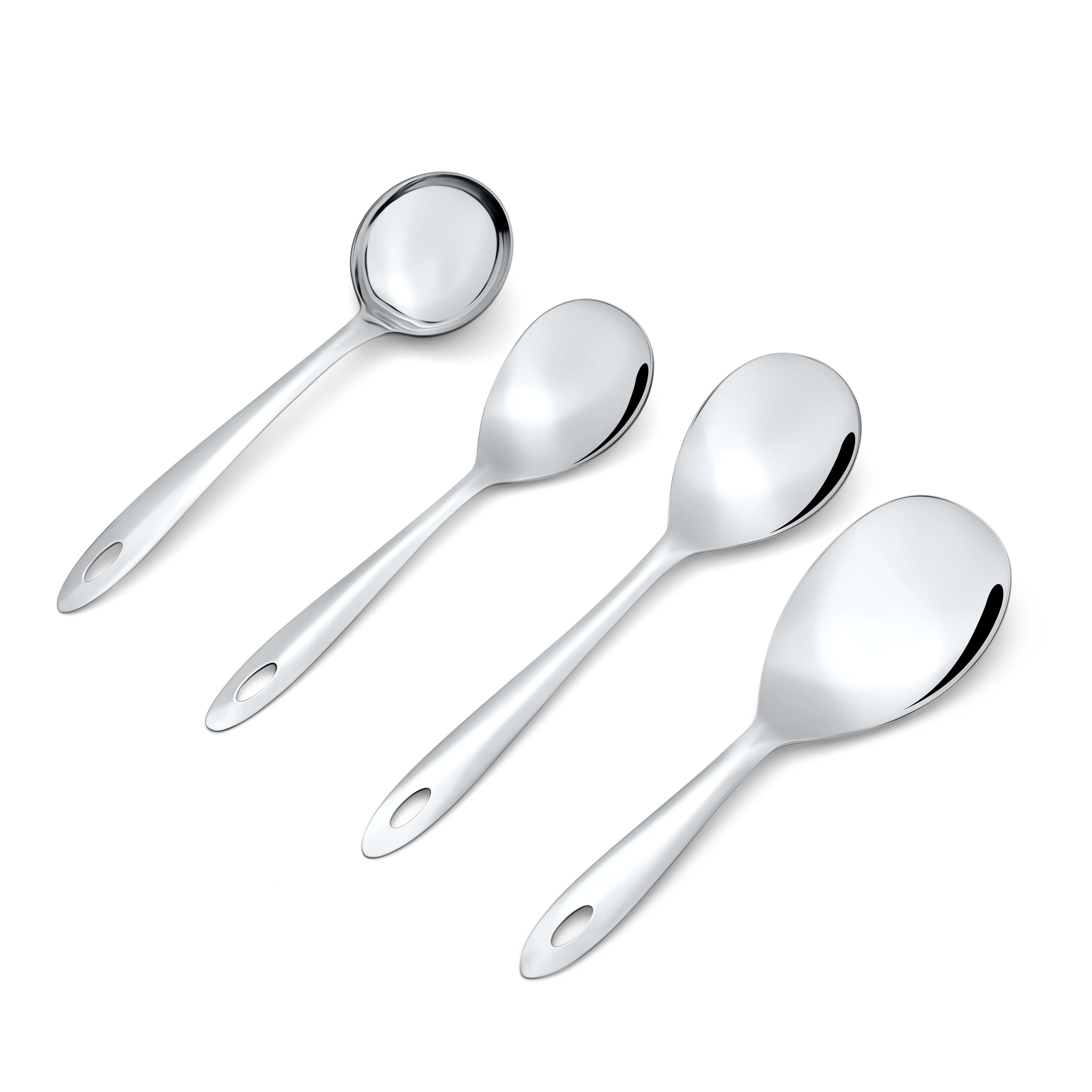 Close-up product view of Montavo stainless steel serving spoons showing gravy ladle, rice server, and vegetable serving spoons detail.