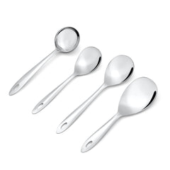 Close-up product view of Montavo stainless steel serving spoons showing gravy ladle, rice server, and vegetable serving spoons detail.