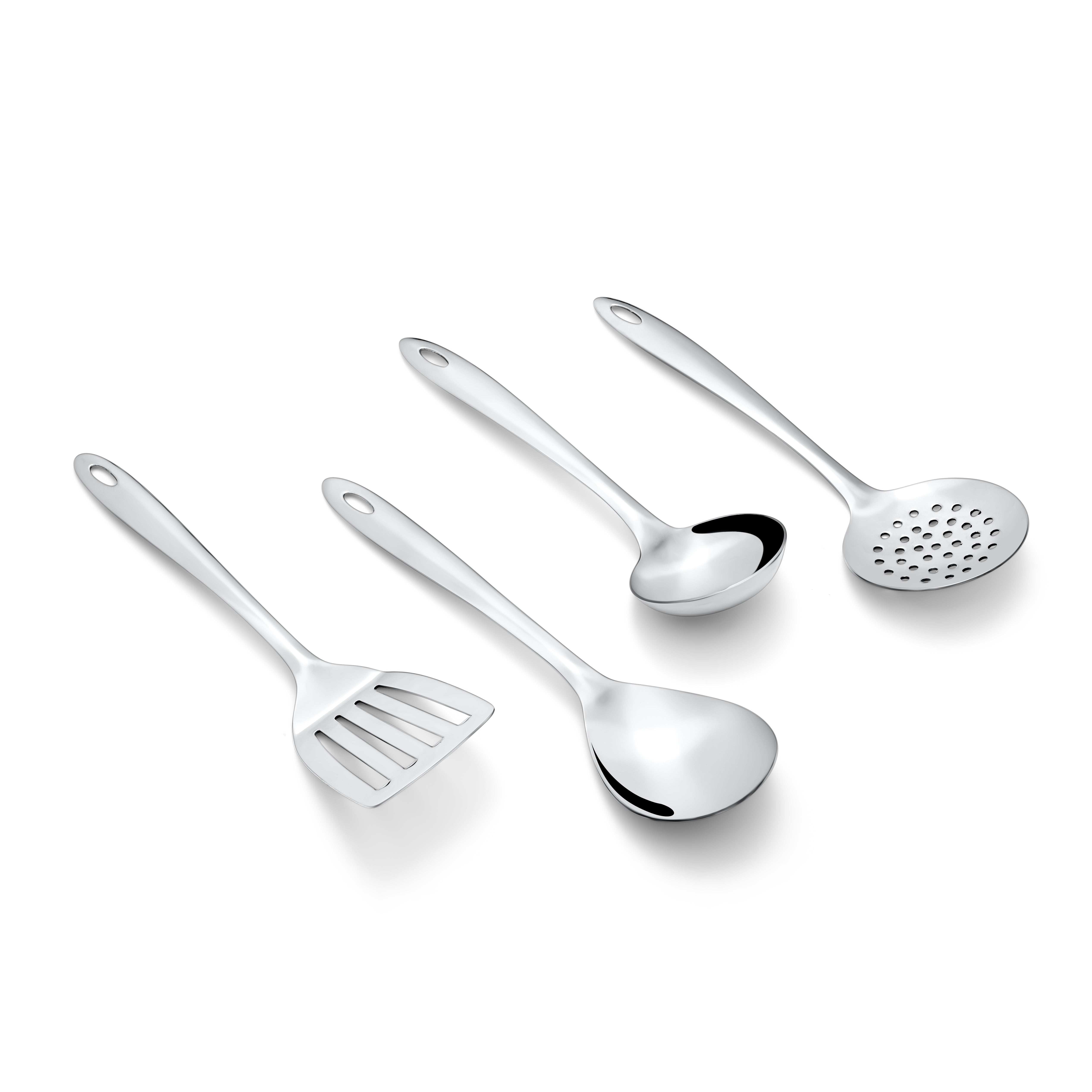Four Montavo stainless steel serving tools with ergonomic handles displayed on clean white background for e-commerce.