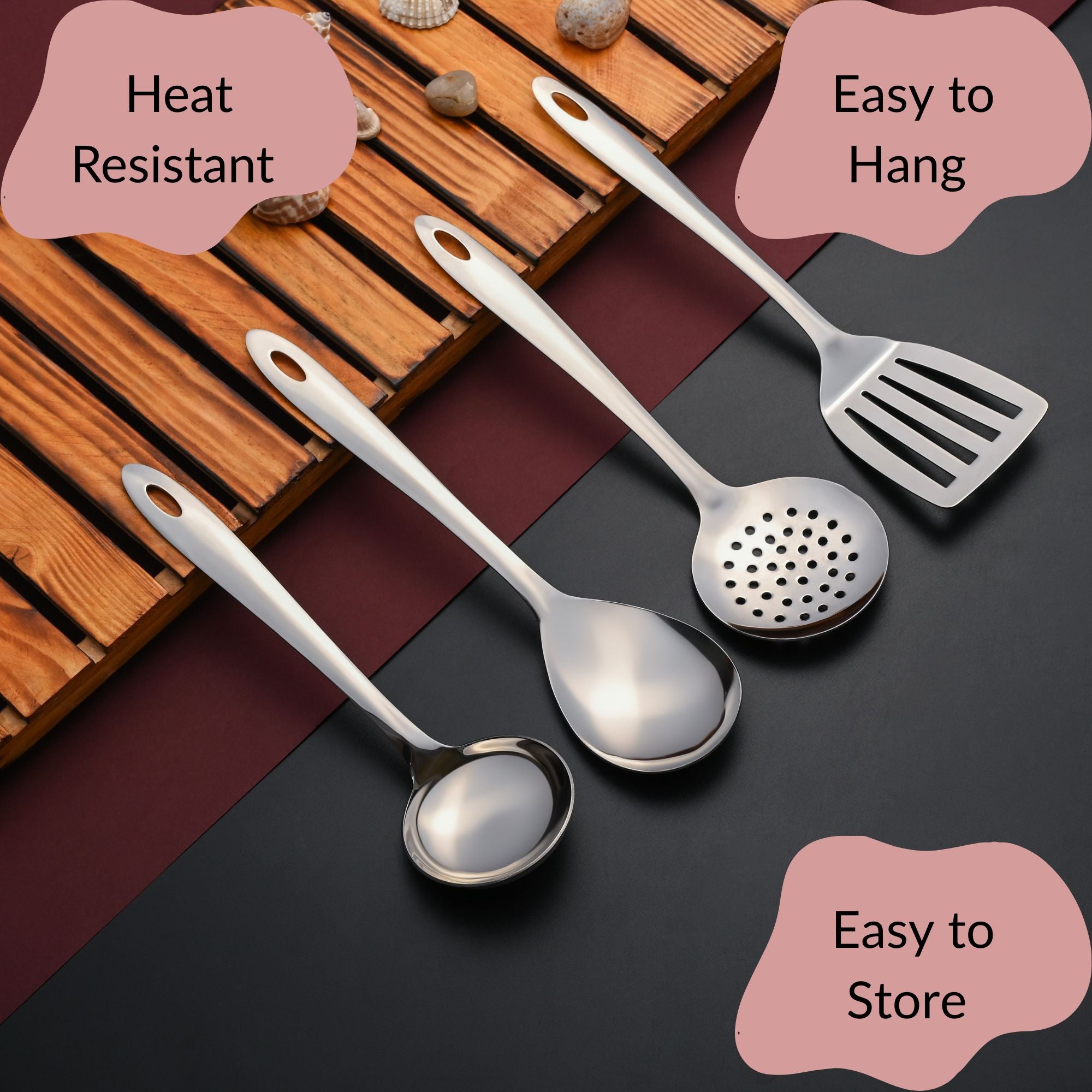 Montavo serving tools showcasing heat resistance, easy hanging storage capability, and convenient kitchen organization features.