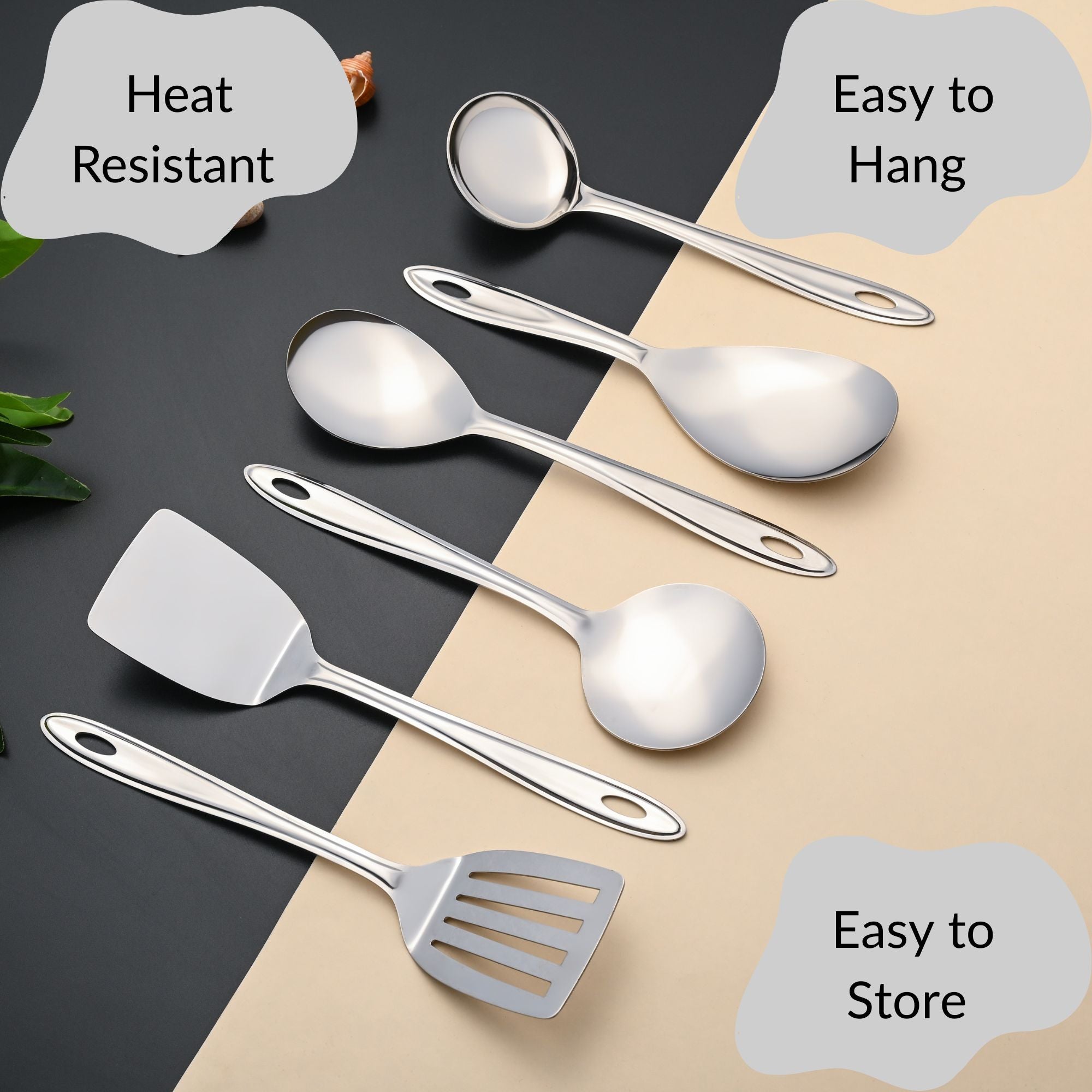 Montavo Trinity serving tools highlighting heat-resistant design, convenient hanging holes for storage, and easy organization features for modern kitchen spaces.