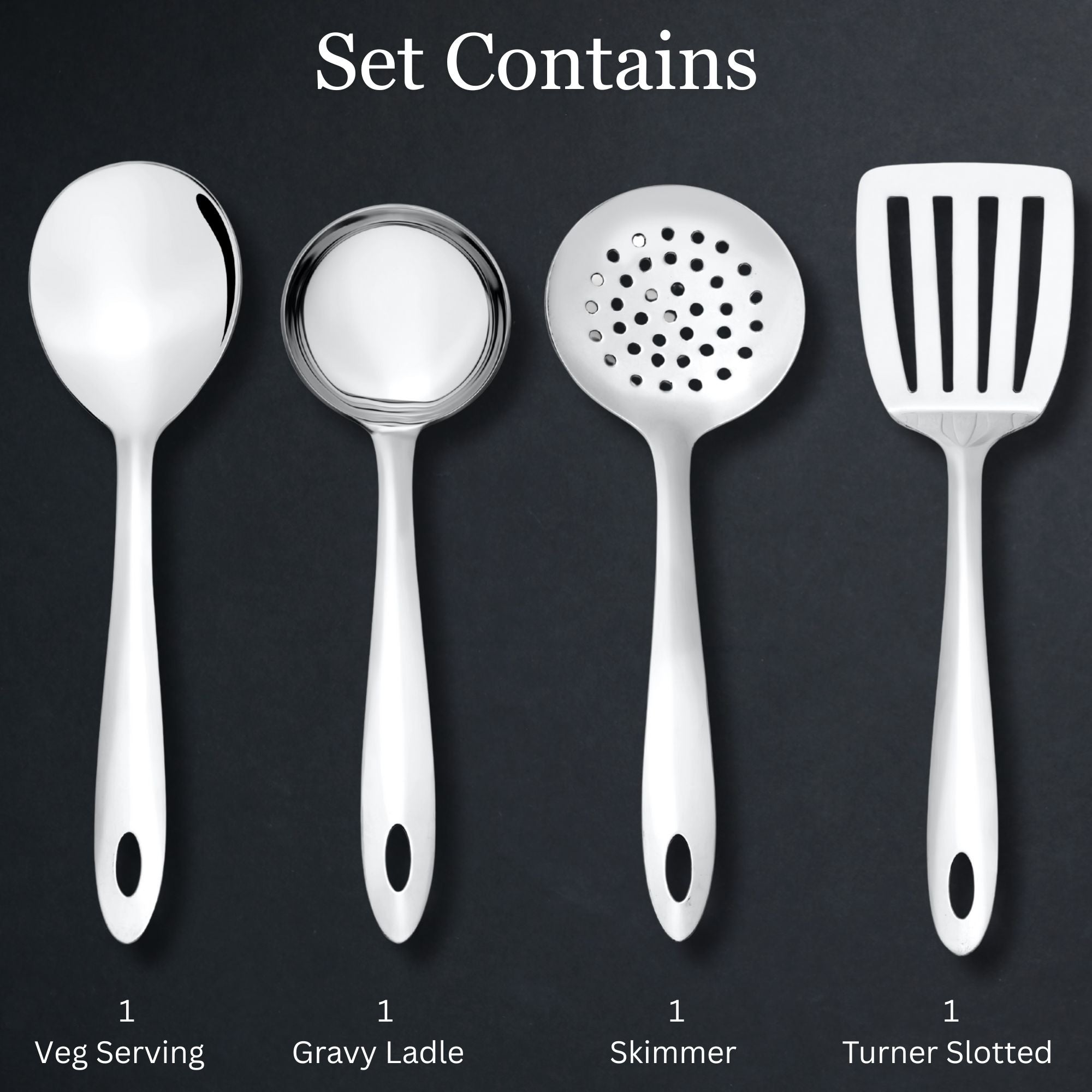 Montavo four-piece set contents displaying serving spoon, gravy ladle, skimmer, and slotted turner on dark background.
