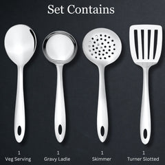 Montavo four-piece set contents displaying serving spoon, gravy ladle, skimmer, and slotted turner on dark background.