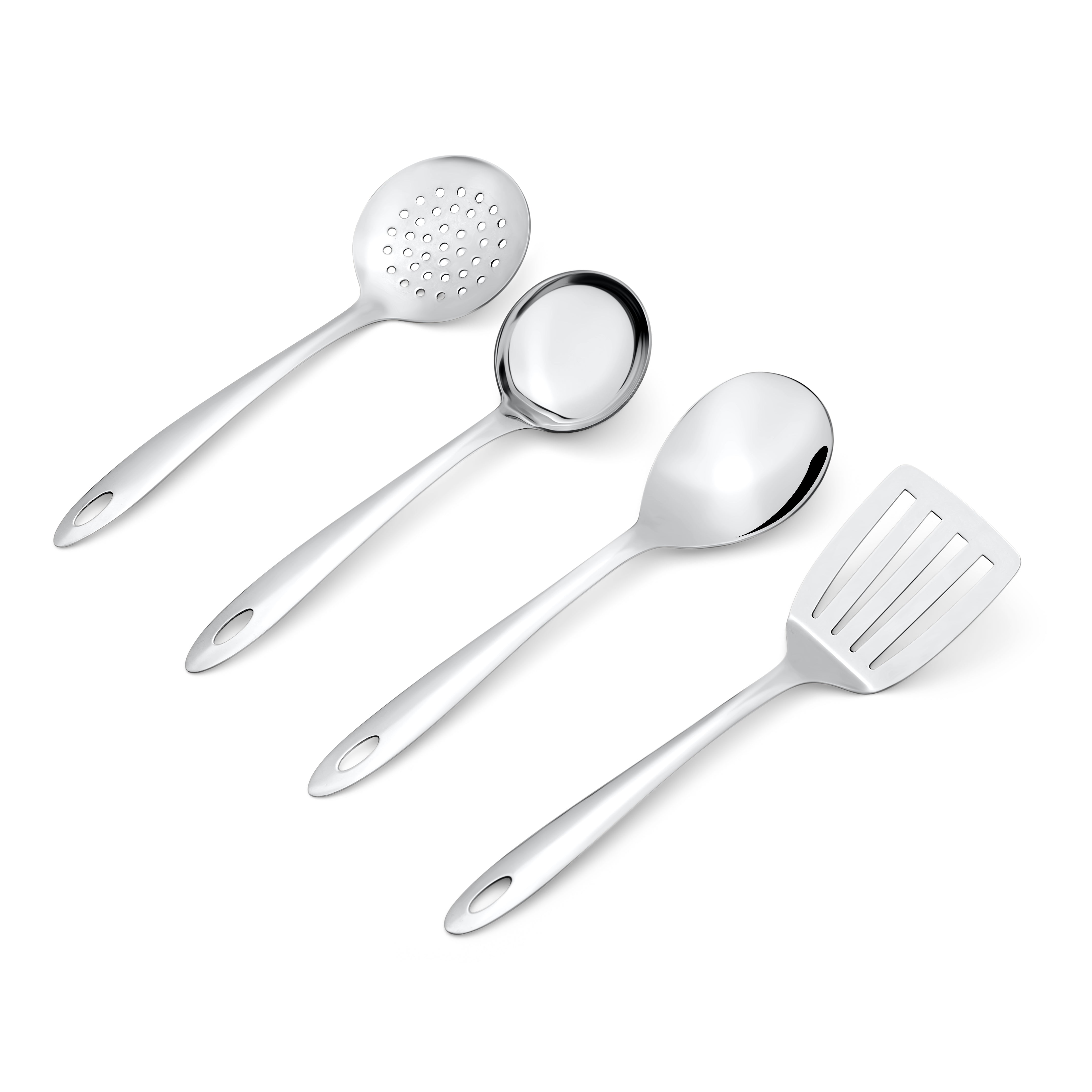 Close-up product view of Montavo serving tools showing skimmer, gravy ladle, slotted turner, and serving spoon details.